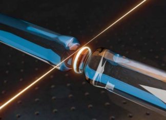 Light and high-frequency acoustic sound waves in a tiny glass structure can strongly couple to one another and perform a dance in step